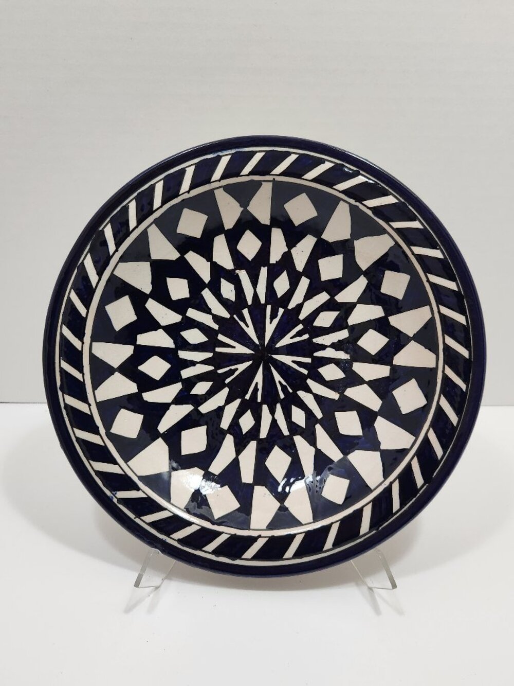 Vintage Moroccan Blue/White Geometric Ceramic Bowl Signed FES 10"
